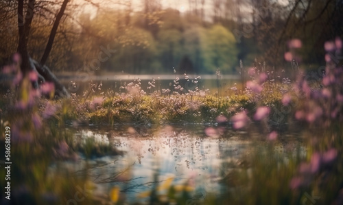  a pond surrounded by flowers and trees in a park with the sun shining through the trees and the water reflecting the water's surface. generative ai
