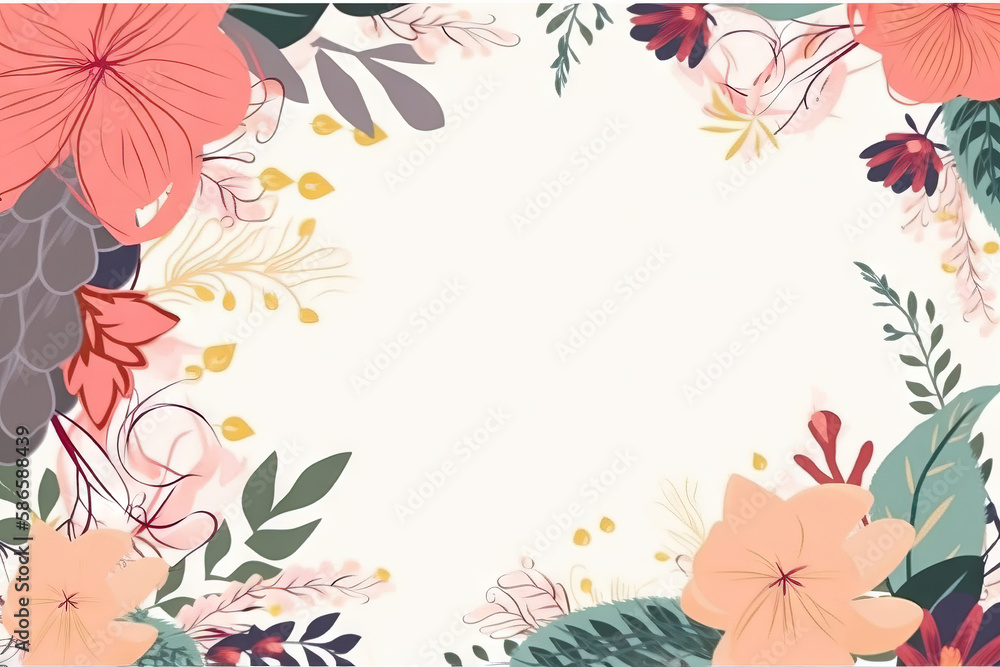 a floral frame with pink flowers and green leaves on a white background with a place for a text or a picture or a picture to put on a greeting card.  generative ai