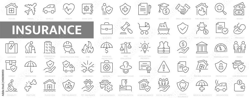 Insurance icons set. Vehicle, health insurance, beneficiary, repair, coffin, glasses and more. Outline icons collection.