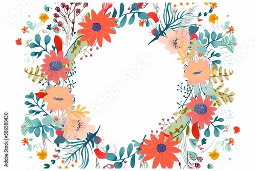 a floral frame with a white background and a white circle in the middle of the frame is a floral arrangement with red, orange, blue, green, and yellow flowers. generative ai