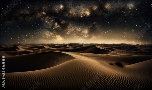  a night sky filled with stars above a sandy desert area with stars in the sky and a few clouds in the sky over the sand dunes. generative ai
