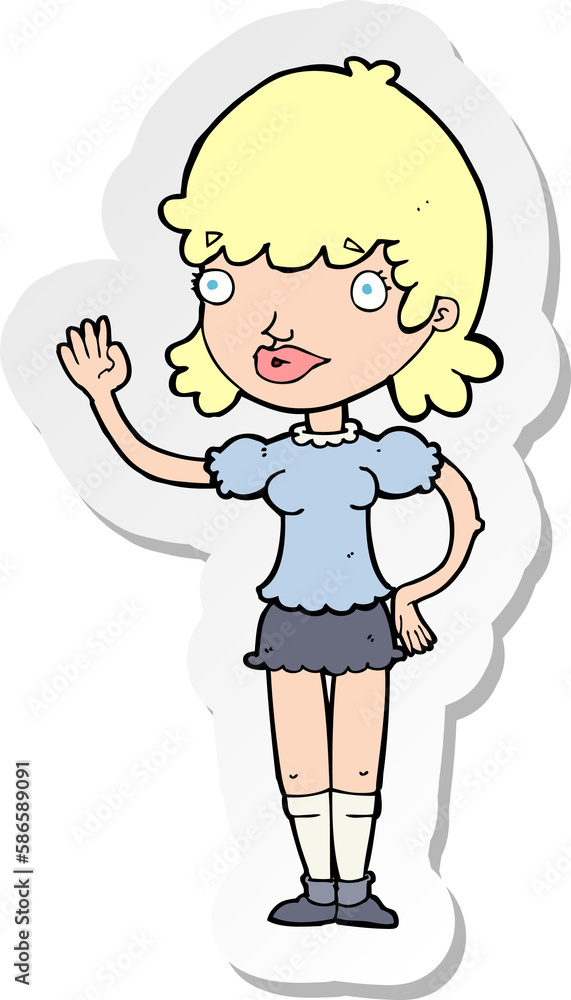 sticker of a cartoon waving woman sticker of a cartoon waving woman