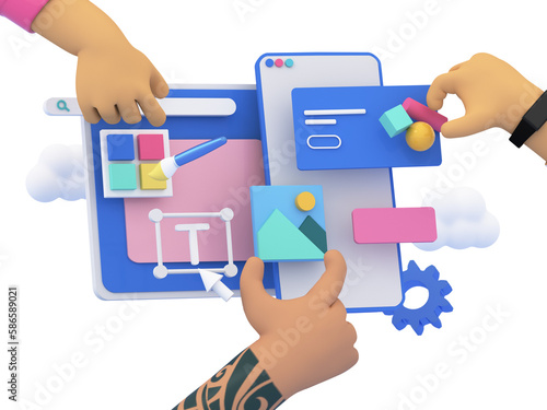 3d hands building web page and application design, UI and UX and web design concept. Abstract  icons floating around the screen. 3d rendering illustration.