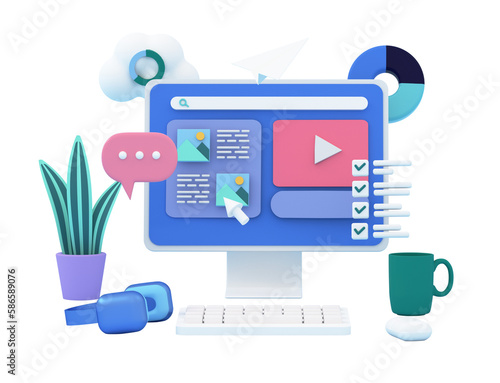 Strategy and planing desktop screen with 3d icons. SEO optimization, web analytics and marketing social media concept illustration.  3d rendering illustration. photo