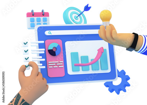 3d hands working on business idea achieving goals. SEO optimization, web analytics and marketing social media concept illustration. Strategy and planing screen with icons. 3d rendering.
