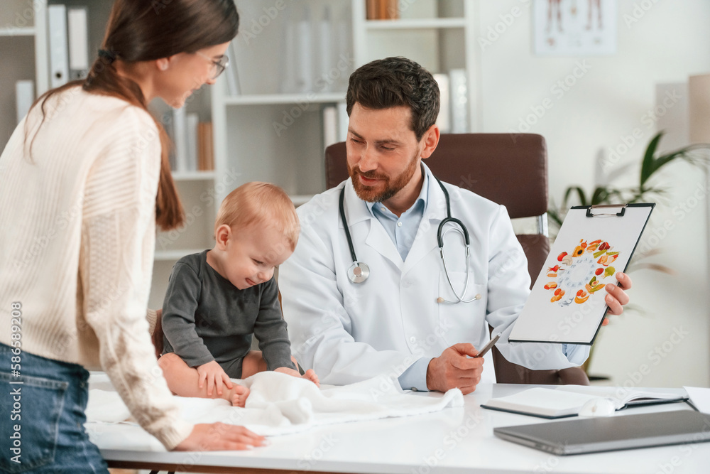 Holding paper with picture of food and vitamins. With baby and mother. Doctor in formal clothes Holding paper with picture of food and vitamins. With baby and mother. Doctor in formal clothes