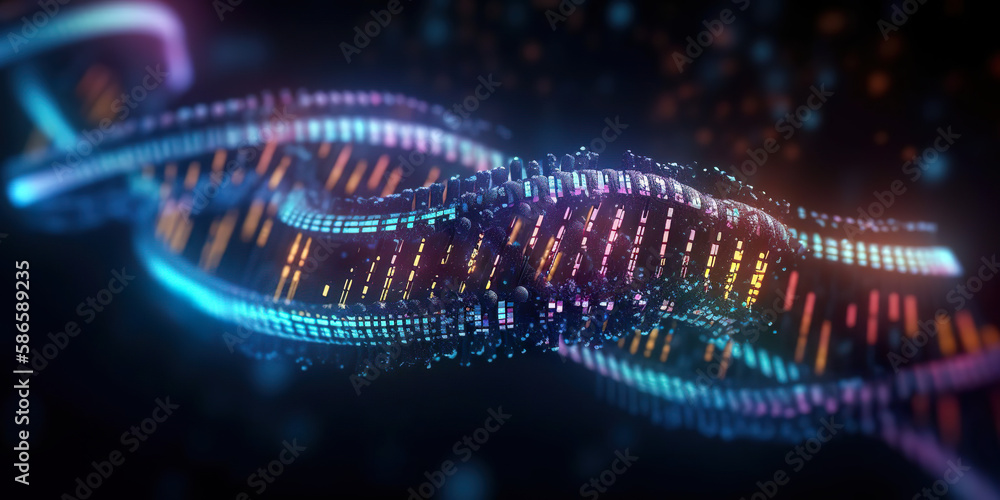 Concept binary code genome. Abstract representation of technological DNA molecule with modified genes. Abstract technology background or wallpaper.AI generated DNA illustration. Concept binary code genome. Abstract representation of technological DNA molecule with modified genes. Abstract technology background or wallpaper.AI generated DNA illustration.