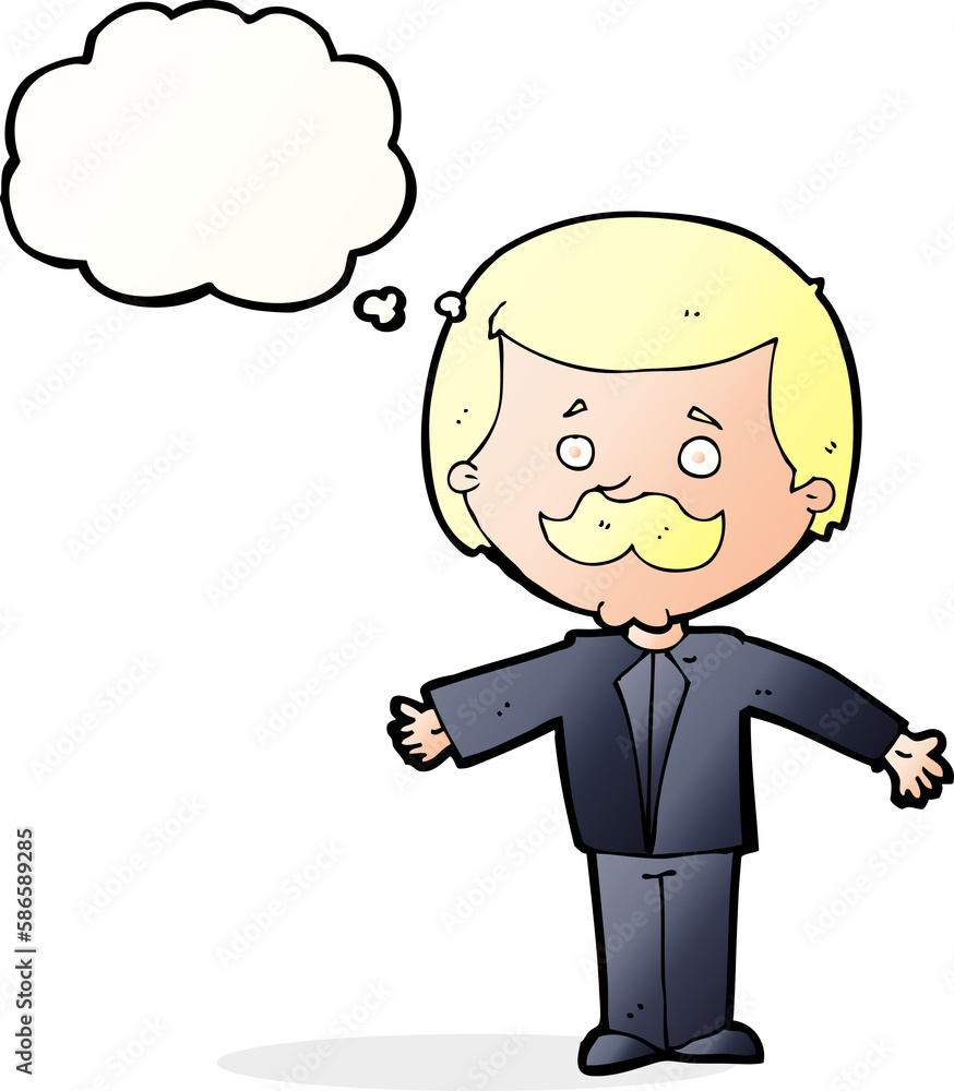 cartoon mustache man with open arms with thought bubble