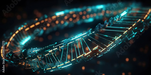 Concept binary code genome. Abstract representation of technological DNA molecule with modified genes. Abstract technology background or wallpaper.AI generated DNA illustration.