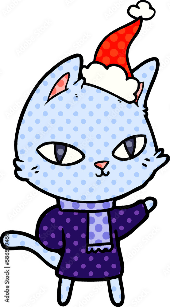 Fototapeta premium comic book style illustration of a cat staring wearing santa hat
