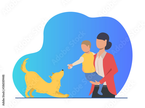 Mother holding son giving bone to puppy vector illustration. Cartoon drawing of woman with boy giving treat to homeless dog. Pets or domestic animals, family, animal care, adoption concept