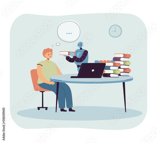 Smiling robot character giving book to student at desk. Boy learning about robotics or using AI for studying vector illustration. Programming, technology, education, automation concept