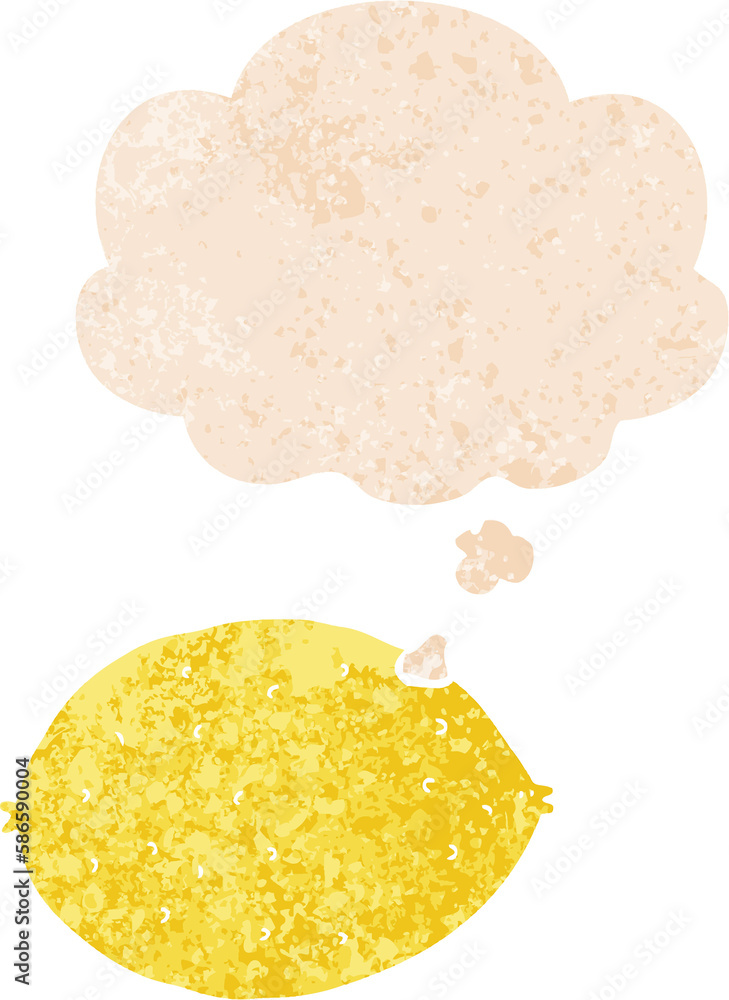cartoon lemon and thought bubble in retro textured style