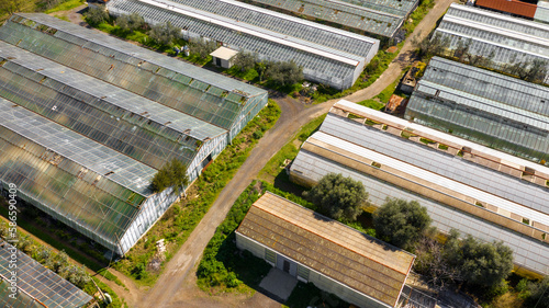 Aerial view of the greenhouses of a large farm.