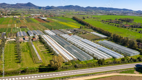 Aerial view of the greenhouses of a large farm.