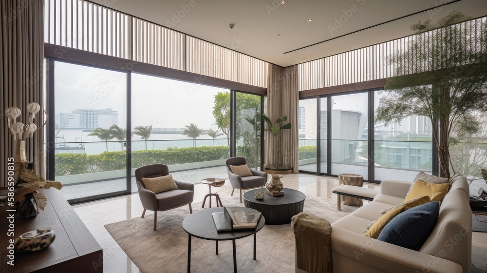 Fototapeta premium home interior design concept living family area contemporary interior style with nature sky and garden view in terrace, image ai generate