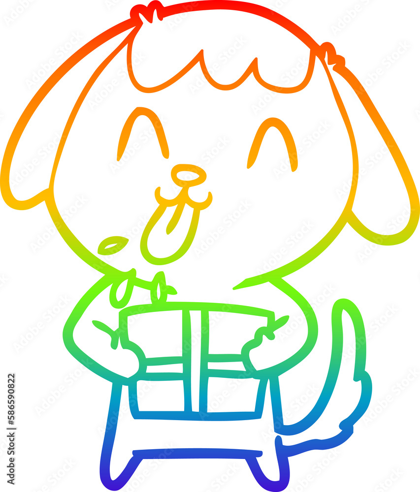 rainbow gradient line drawing cute cartoon dog with christmas present rainbow gradient line drawing cute cartoon dog with christmas present
