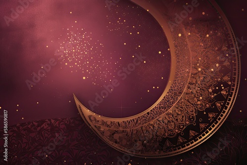 background of an elegant crescent moon and stars rendered in gold against a rich burgundy background. Incorporate Islamic geometric patterns and other decorative elements - Generative AI