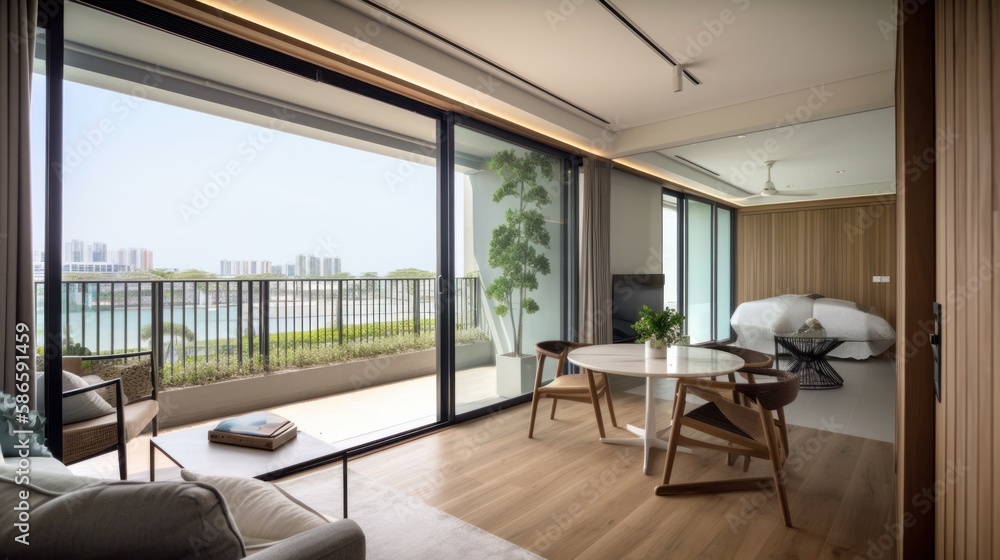 Fototapeta premium home interior design concept living family area contemporary interior style with nature sky and garden view in terrace, image ai generate