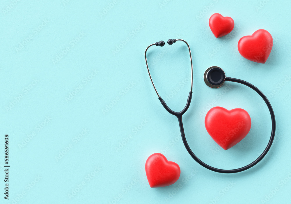 Fototapeta premium World Health Day banner background template with doctor stethoscope and hearts in flat lay and copy space, realistic 3D rendering. Global health awareness day celebrated every year on 7th April