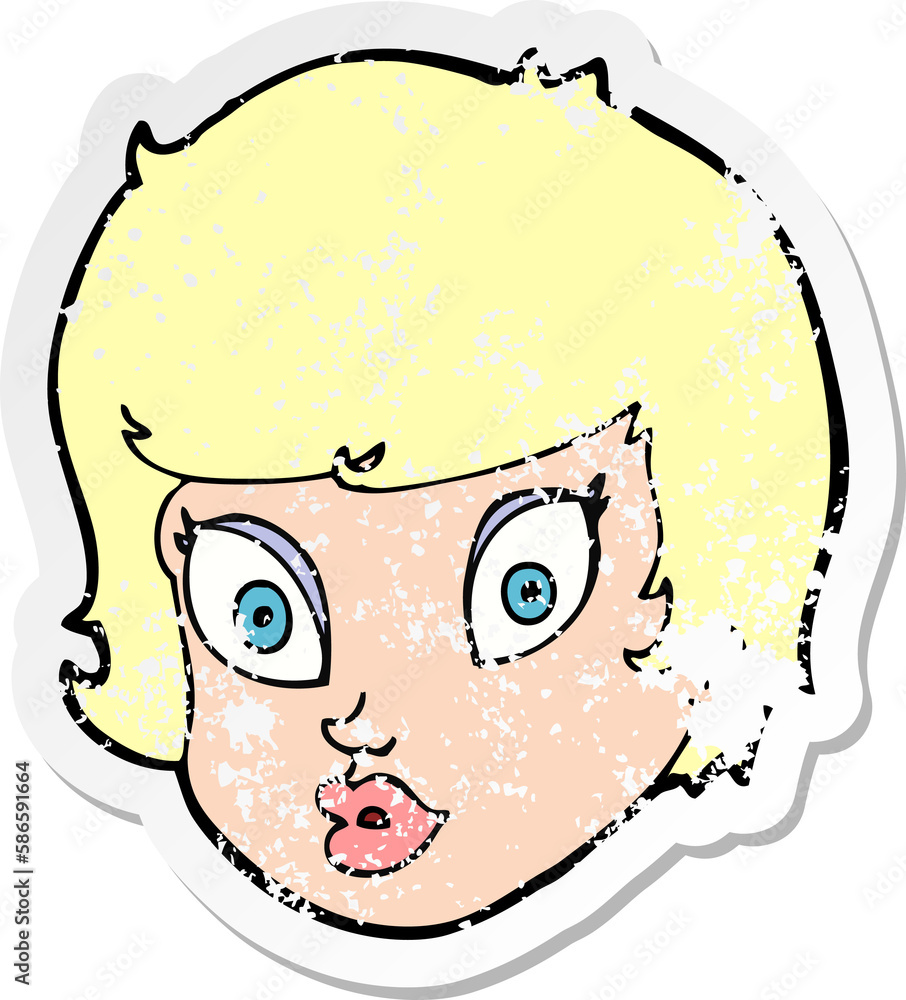 retro distressed sticker of a cartoon surprised female face retro distressed sticker of a cartoon surprised female face