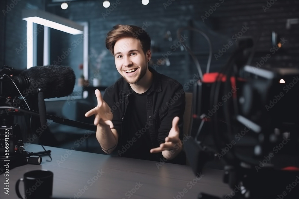 Generative ai young man streamer doing live streaming talking Generative ai young man streamer doing live streaming talking