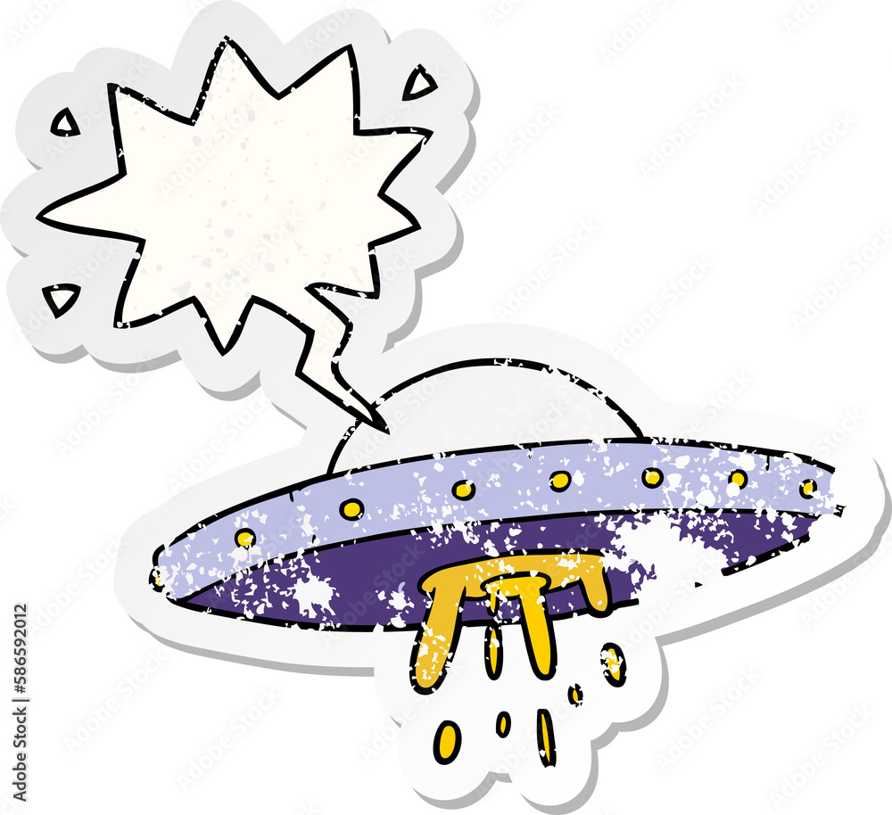 cartoon flying UFO and speech bubble distressed sticker cartoon flying UFO and speech bubble distressed sticker