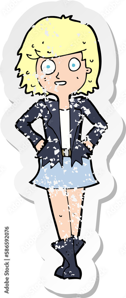 retro distressed sticker of a cartoon girl in jacket retro distressed sticker of a cartoon girl in jacket