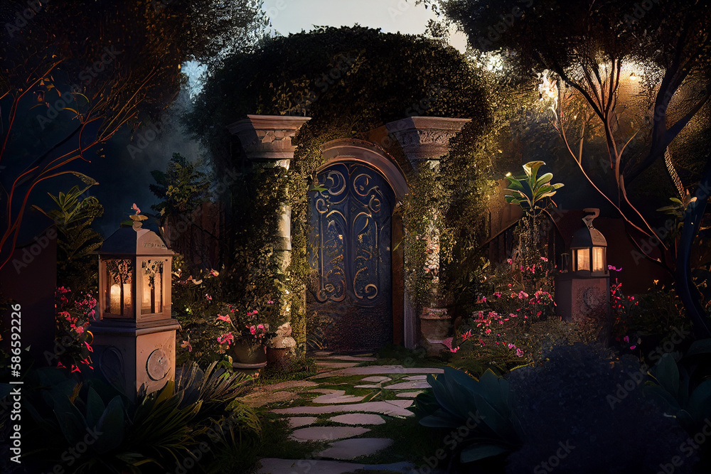 Fototapeta premium Rays of light in a fairy garden. AI Generated