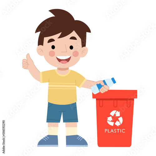 Illustration of a little boy throwing garbage in a trash can