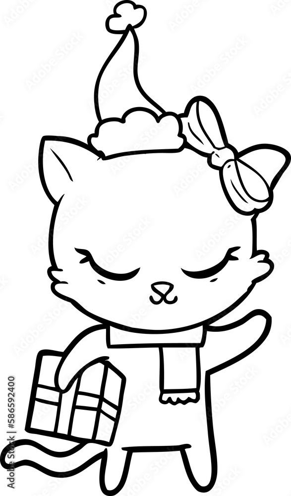 cute line drawing of a cat with present wearing santa hat cute line drawing of a cat with present wearing santa hat