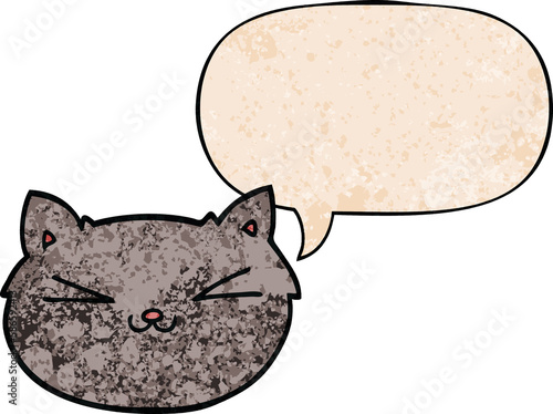 happy cartoon cat and speech bubble in retro texture style