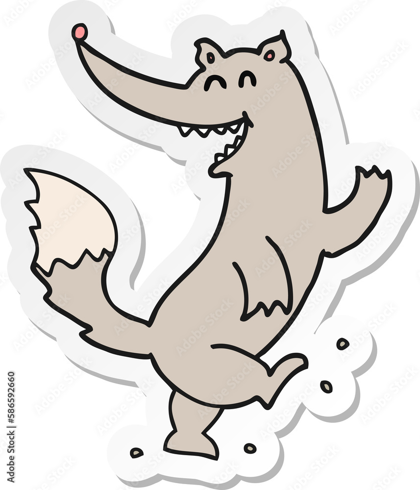 sticker of a cartoon happy wolf dancing
