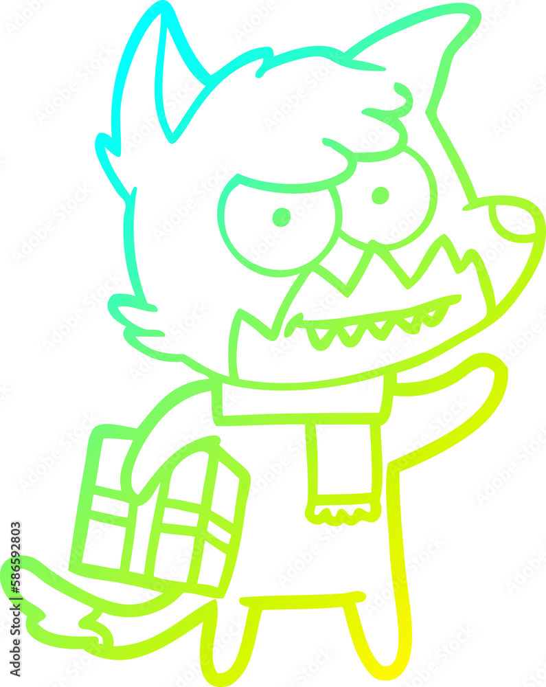 cold gradient line drawing cartoon grinning fox with christmas present cold gradient line drawing cartoon grinning fox with christmas present