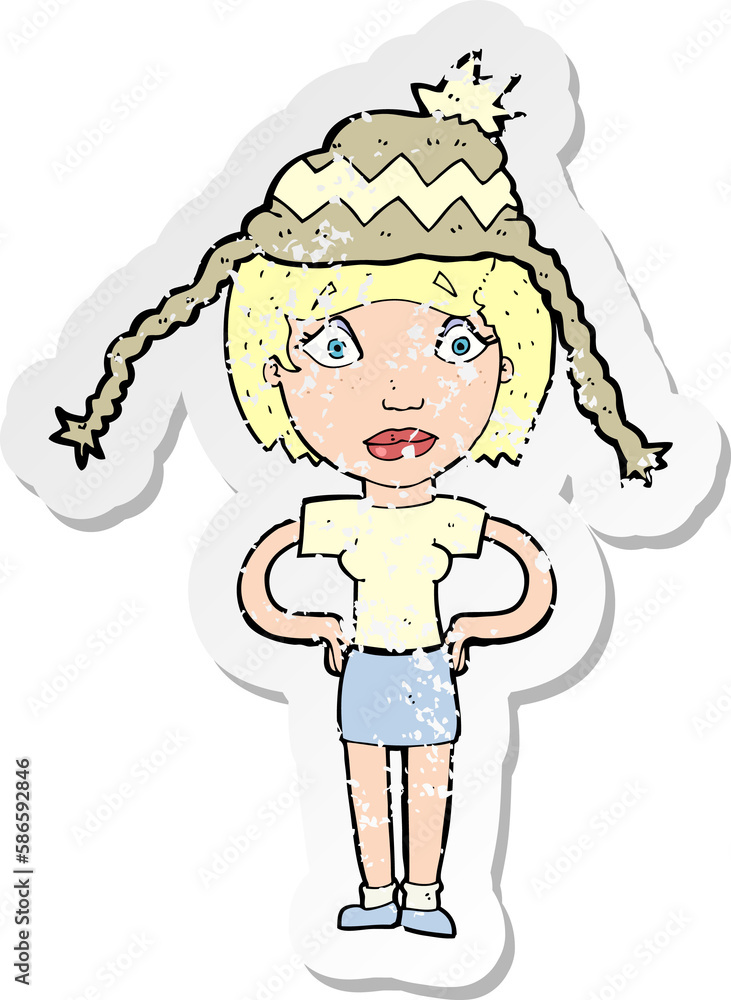 Fototapeta premium retro distressed sticker of a cartoon woman wearing winter hat