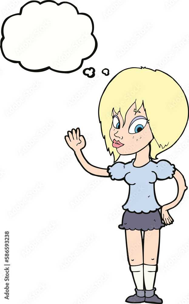 cartoon pretty woman waving with thought bubble cartoon pretty woman waving with thought bubble
