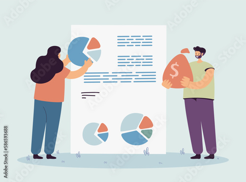 Office workers making business report with pie charts. Businesswoman arranging information and charts for presentation, man holding money bag vector illustration. Business, finances concept