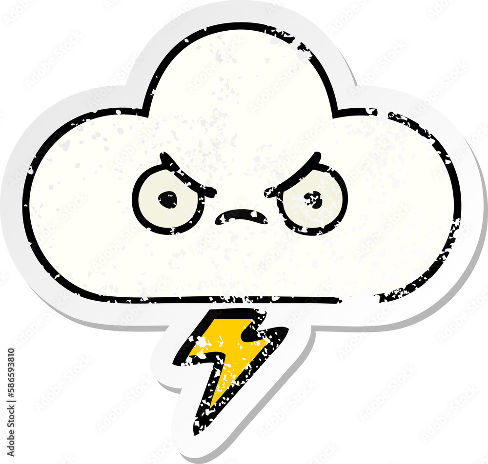 distressed sticker of a cute cartoon thunder cloud distressed sticker of a cute cartoon thunder cloud