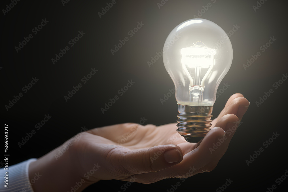 a close-up of a hand holding an light bulb in darkness, AI Generated a close-up of a hand holding an light bulb in darkness, AI Generated