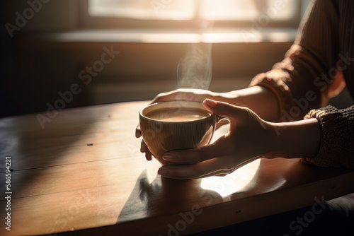 a woman's hands holding a coffee cup on a table, AI Generated