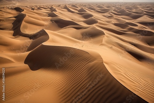 erial View of Desert Landscape with Golden Sand Dunes and Rocky Outcrops photo