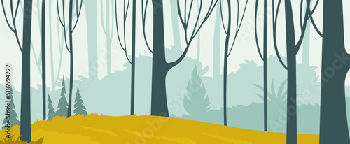 vector scene in forest with shady trees and greenery in sunny area, beautiful garden background