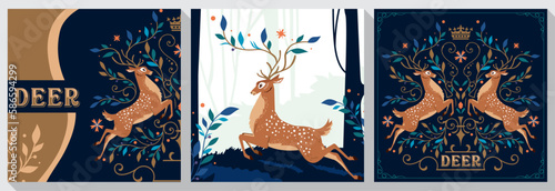 deer vector set, deer decoration with plants and leaves, business card template with deer decoration, and deer jumping in forest. beautiful flat design  photo