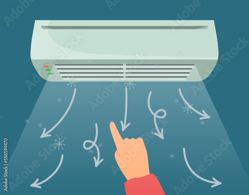 Hand of person choosing cooling setting of air conditioner. Cold air coming out of device, person changing temperature in room vector illustration. Technology, home appliance, air conditioning concept