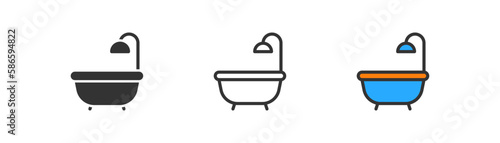 Bathtub icon on light background. Shower symbol. Bath, bathroom, soap, hygiene. Outline, flat and colored style. Flat design. Vector illustration.