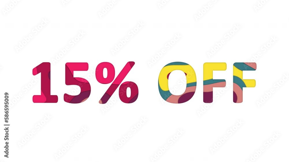 Multi-colored inscription sale label 15% OFF with colored spots floating inside. Looped from frame 120 to 839, Alpha BW at the end Multi-colored inscription sale label 15% OFF with colored spots floating inside. Looped from frame 120 to 839, Alpha BW at the end