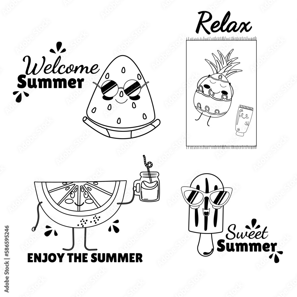 Cartoon summer outline cute doodle  kawaii ice cream, watermelon, pineapple, lime.