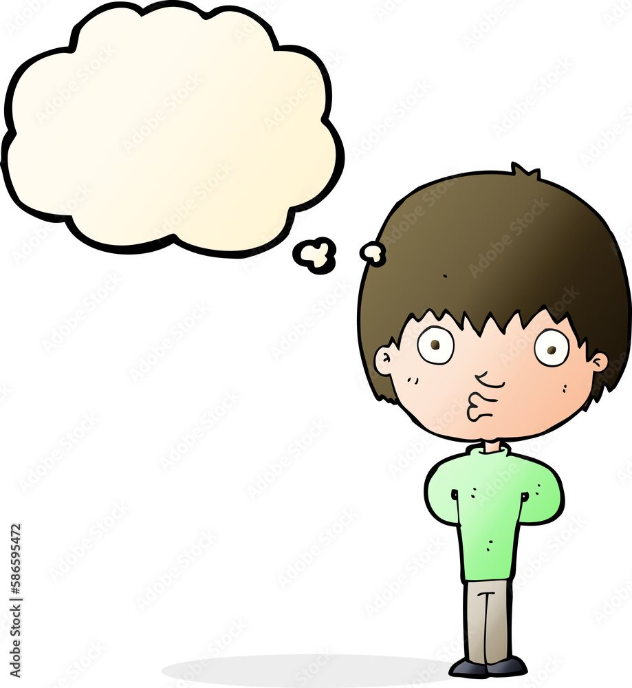 cartoon whistling boy with thought bubble