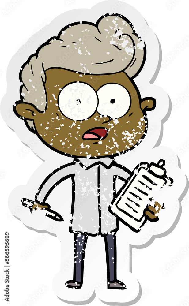 distressed sticker of a shocked cartoon salesman distressed sticker of a shocked cartoon salesman