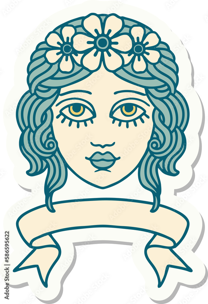 tattoo sticker with banner of female face with crown of flowers tattoo sticker with banner of female face with crown of flowers